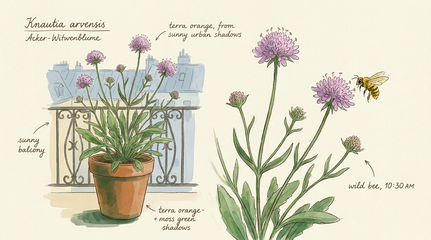 'Acker-Witwenblume' ('Knautia arvensis') — Illustration im Pflanzenatlas-Stil.