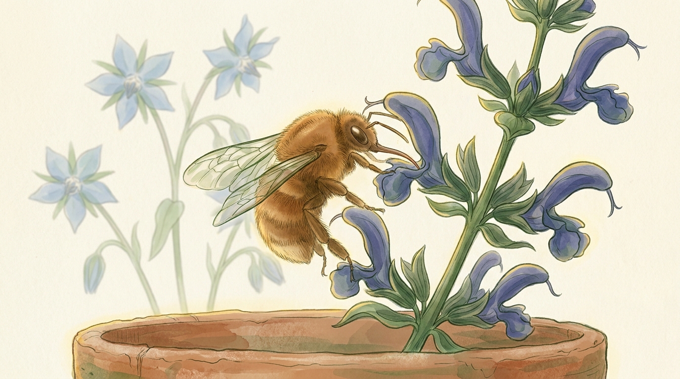 Ackerhummel (Bombus pascuorum) mit karamellbraunem Pelz und ausgestreckter Zunge an einer blauvioletten Salbei-Blüte, im Hintergrund weiche Borretsch-Sterne und Terrakotta-Topfrand.