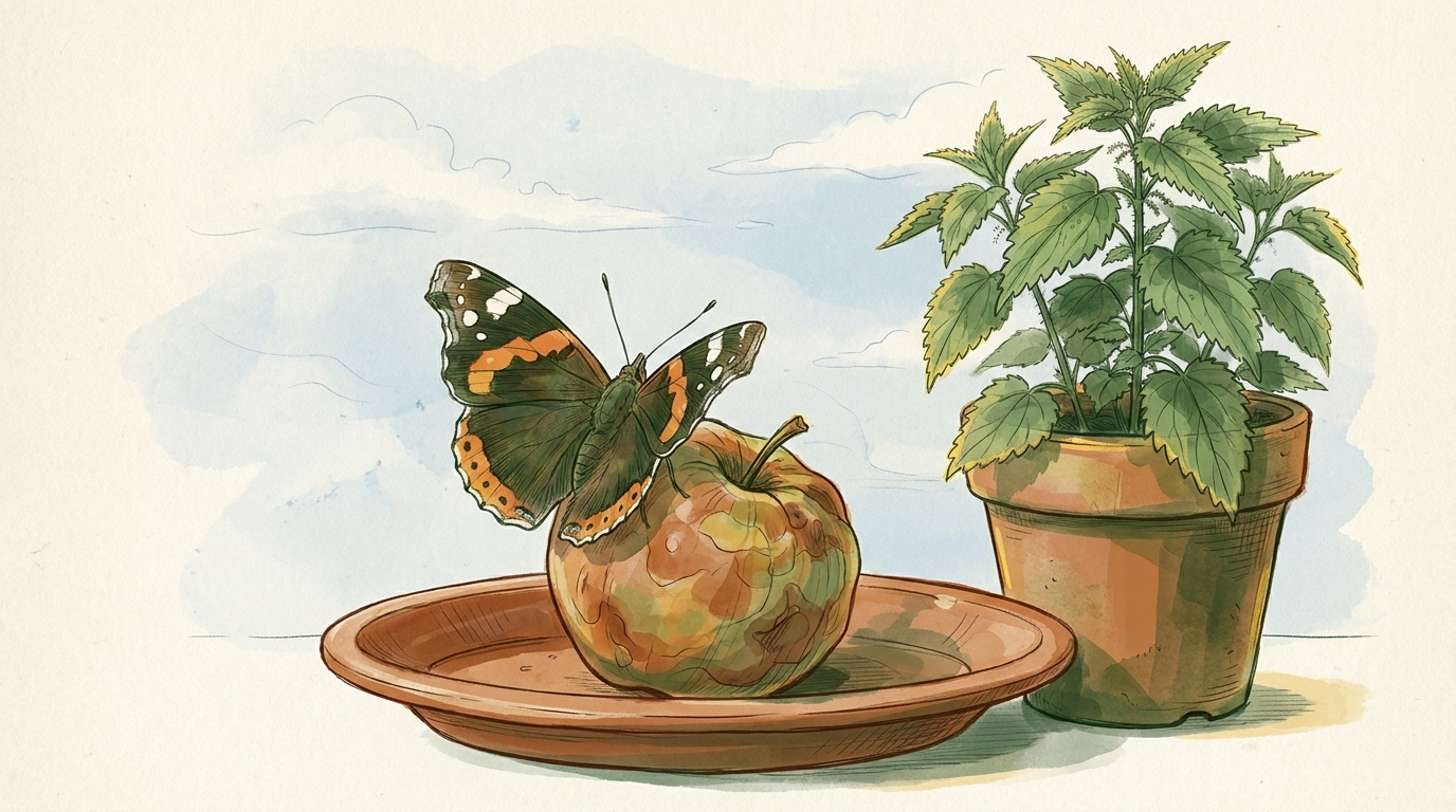 Admiral (Vanessa atalanta) mit dunkelsamtigen Flügeln, scharlachroten Binden und weißen Flügelspitzen auf einem gärenden Fallapfel neben einem Tontopf mit Brennnessel.