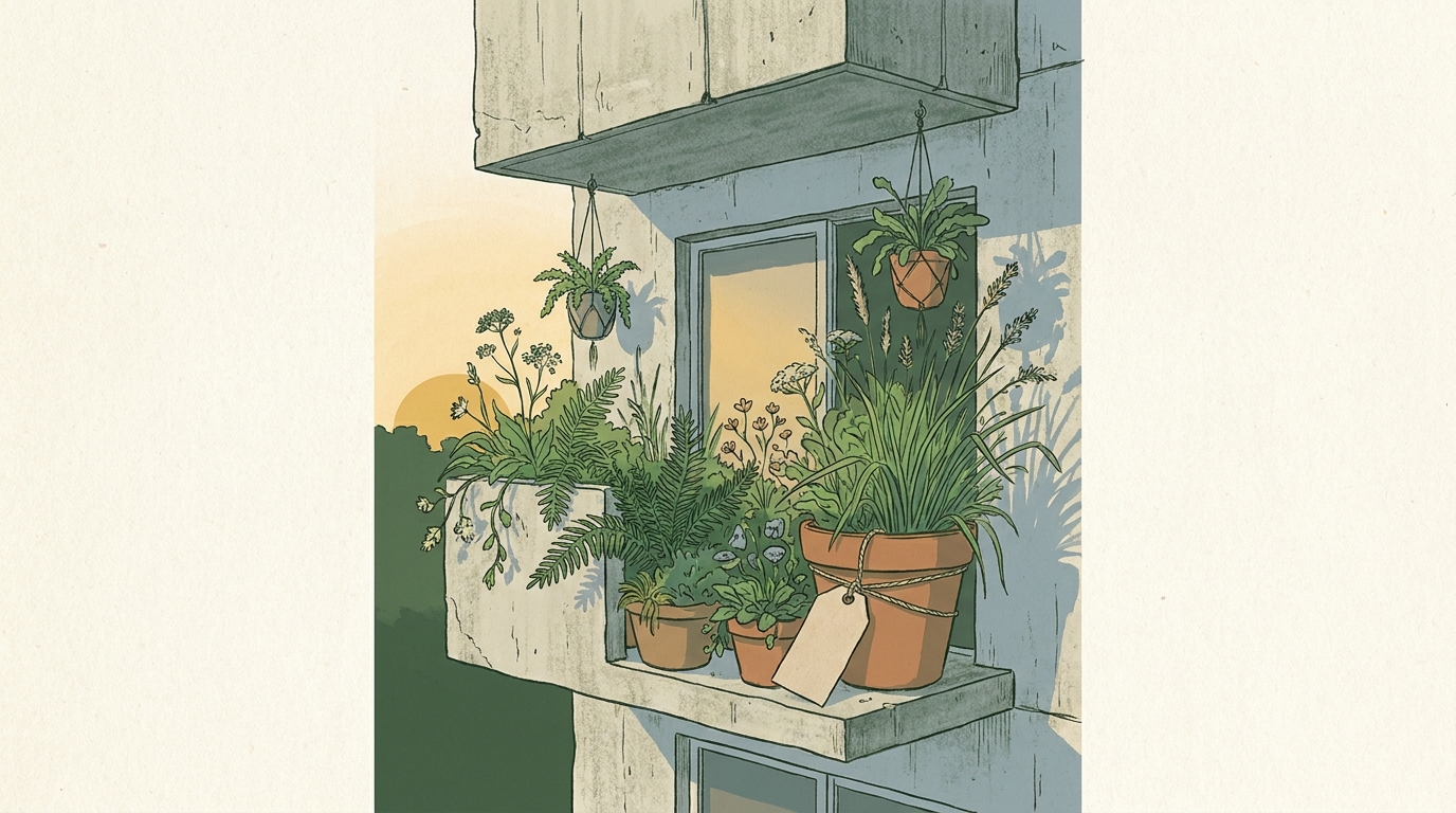 Reportage-Bild zum Thema politischer Balkon — Banner und Pflanzen.