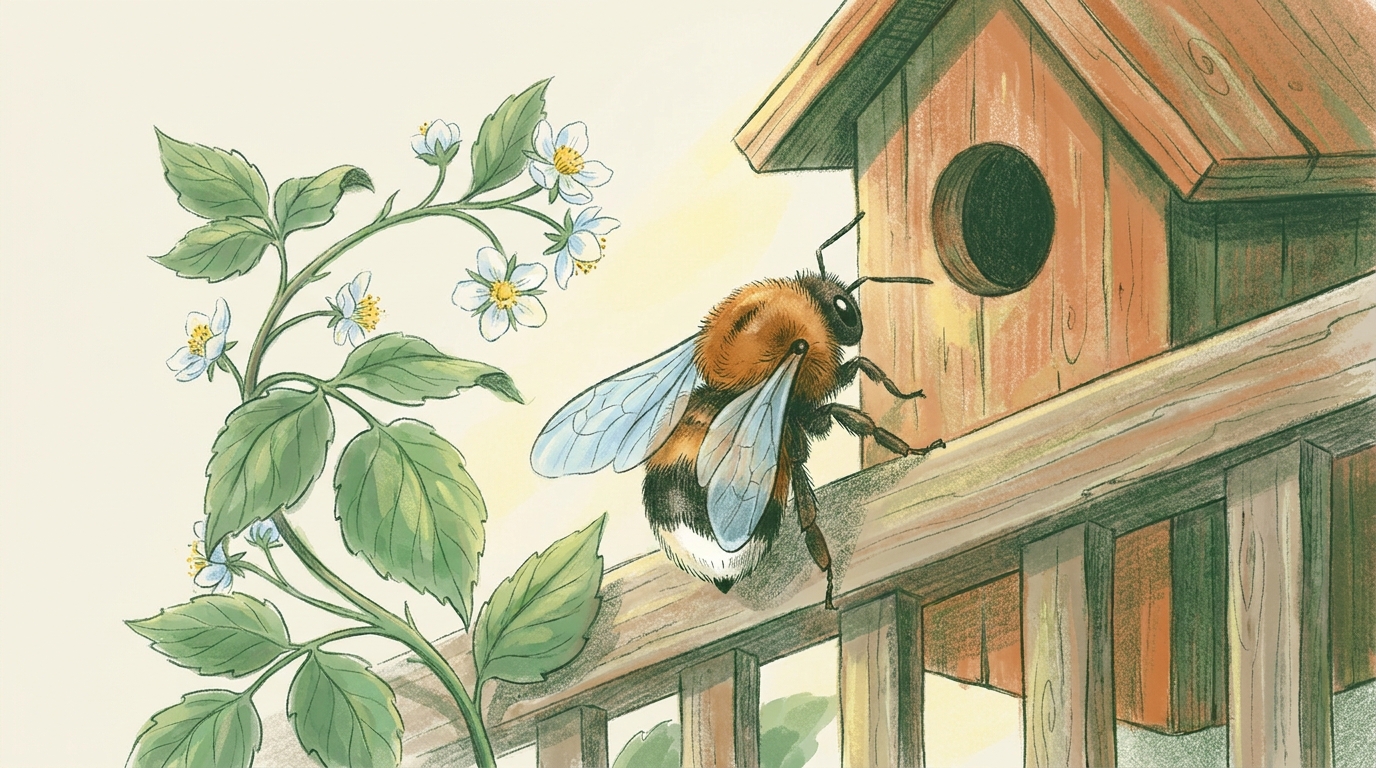 Baumhummel (Bombus hypnorum) mit fuchsrotem Thorax, schwarzem Hinterleib und auffällig weißer Schwanzspitze klettert über ein Holz-Balkongeländer Richtung Nistkasten-Eingang.