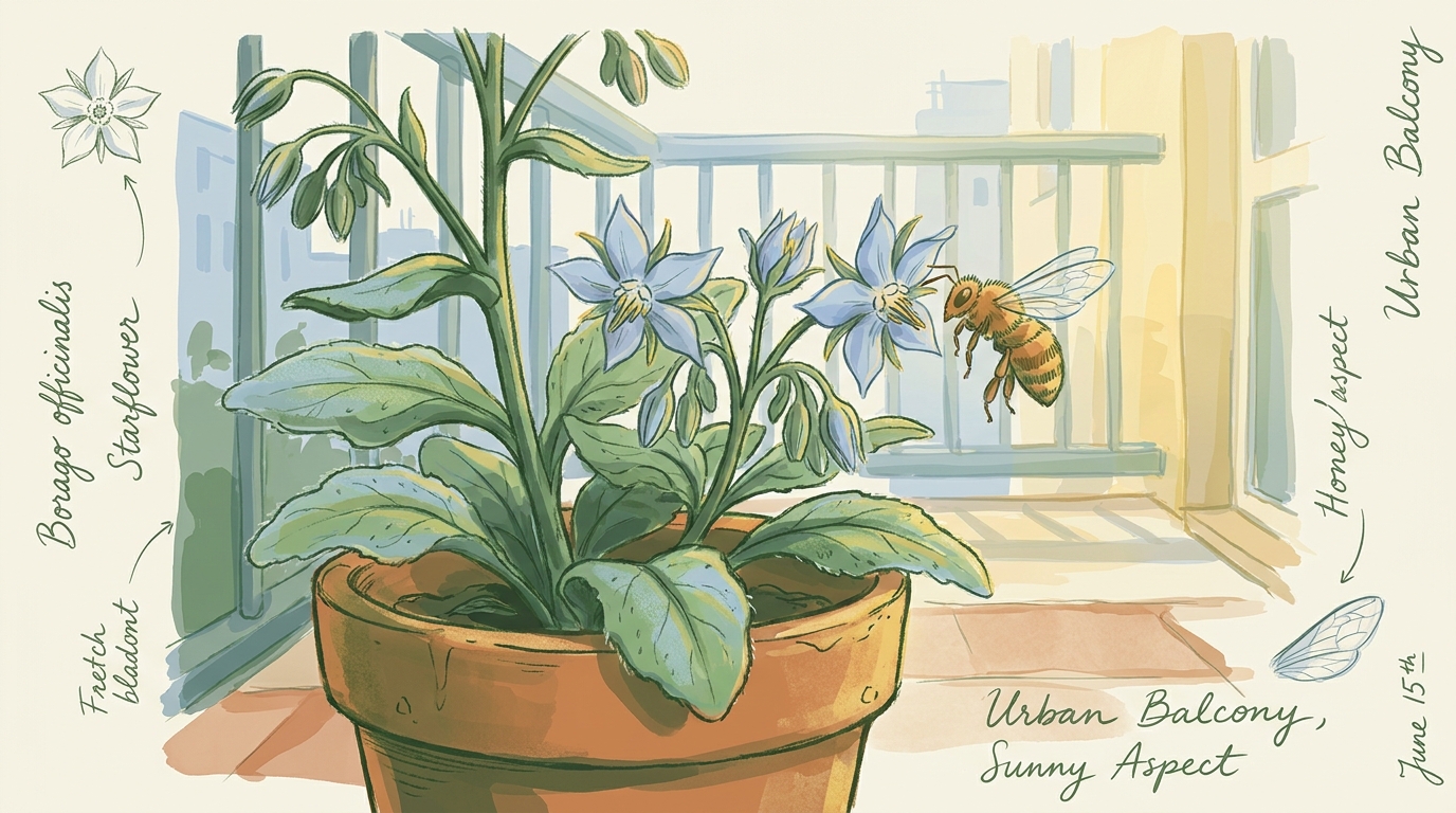 'Borretsch' ('Borago officinalis') — Illustration im Pflanzenatlas-Stil.