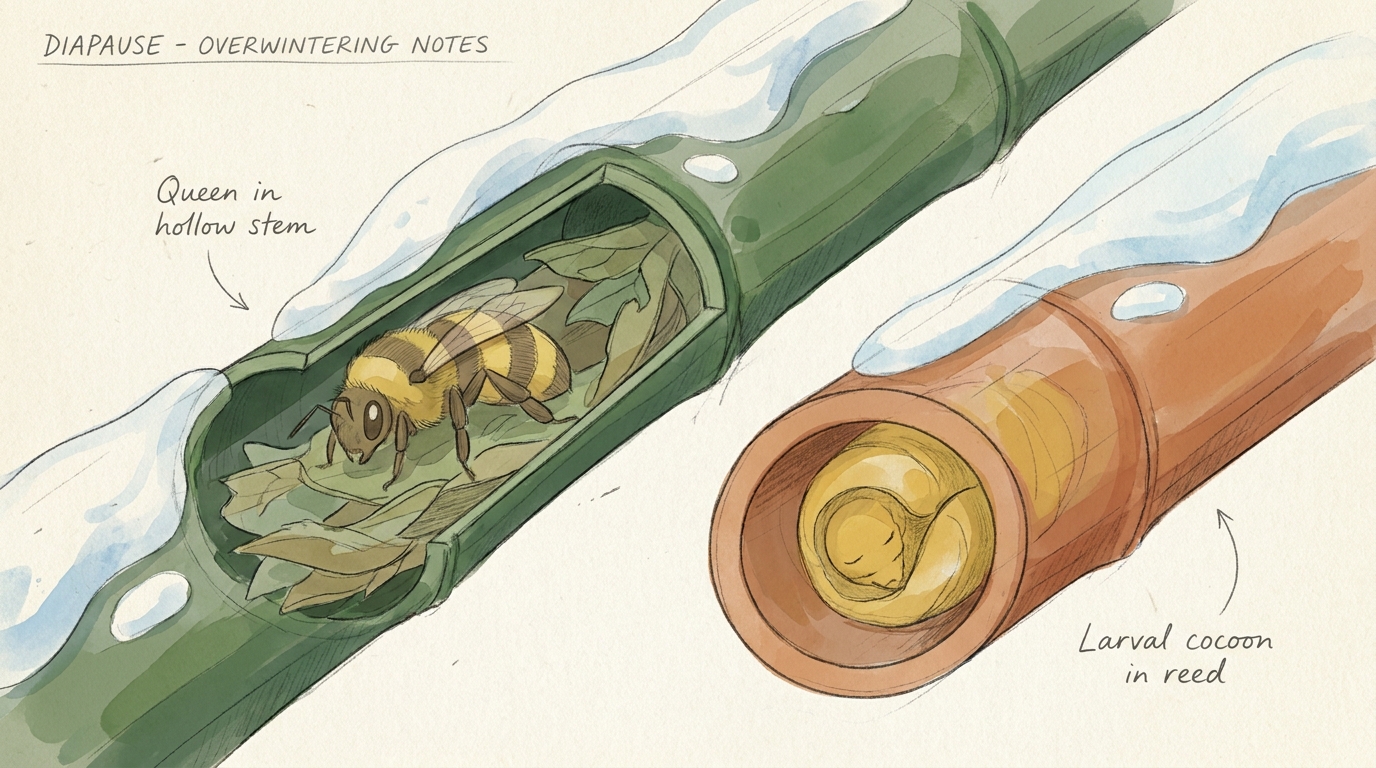 Diapause — Insekten-Überwinterung in Pflanzenstängeln und Reet-Röhren, konzeptionelle Illustration.