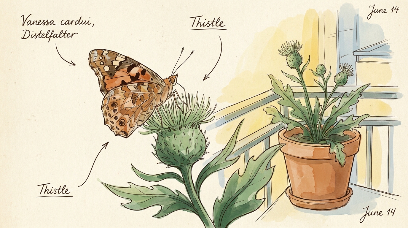 Distelfalter (Vanessa cardui) — Illustration im Pflanzenatlas-Stil.