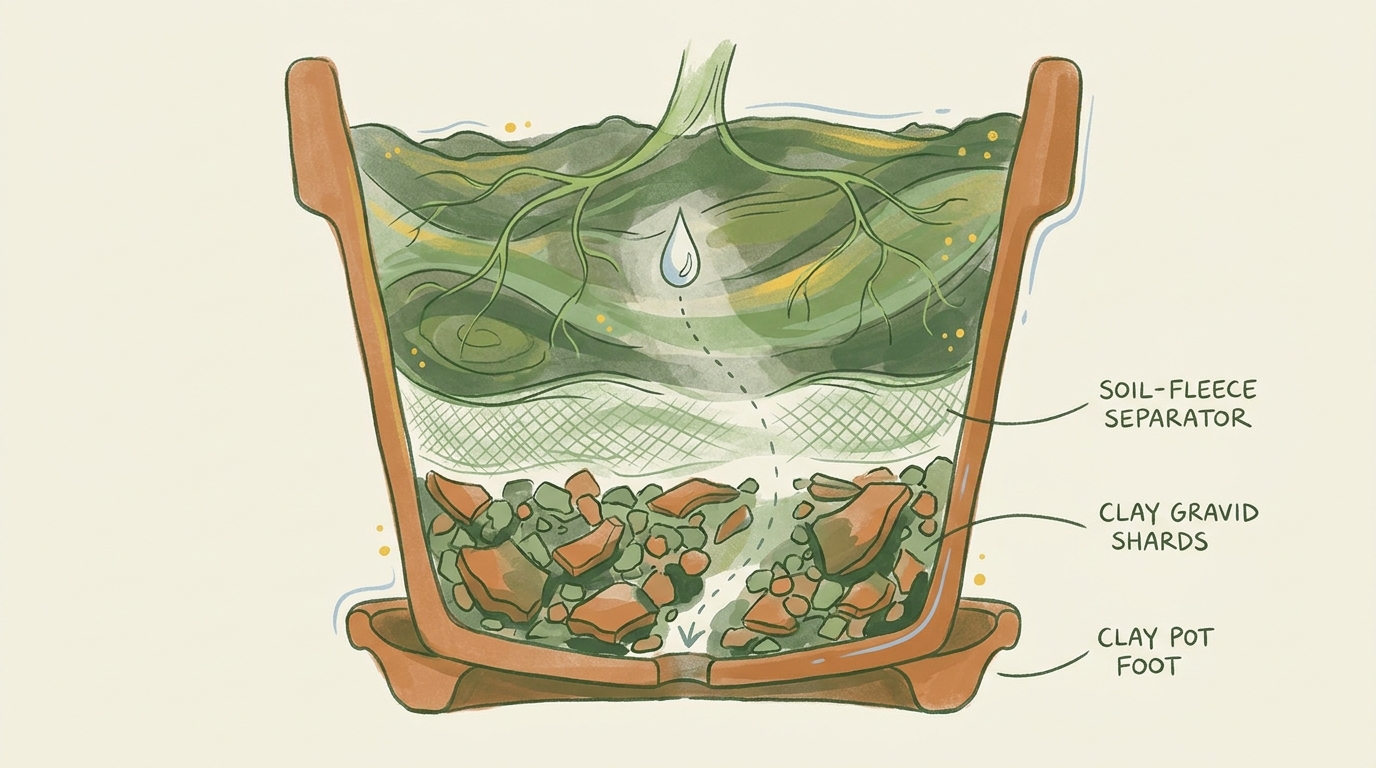 Querschnitt eines Balkontopfes mit Drainageschicht — Tonscherben und grober Kies am Boden, darüber Vlies und dunkles Substrat, eine angedeutete Wassertropfen-Bahn zum Abzugsloch.