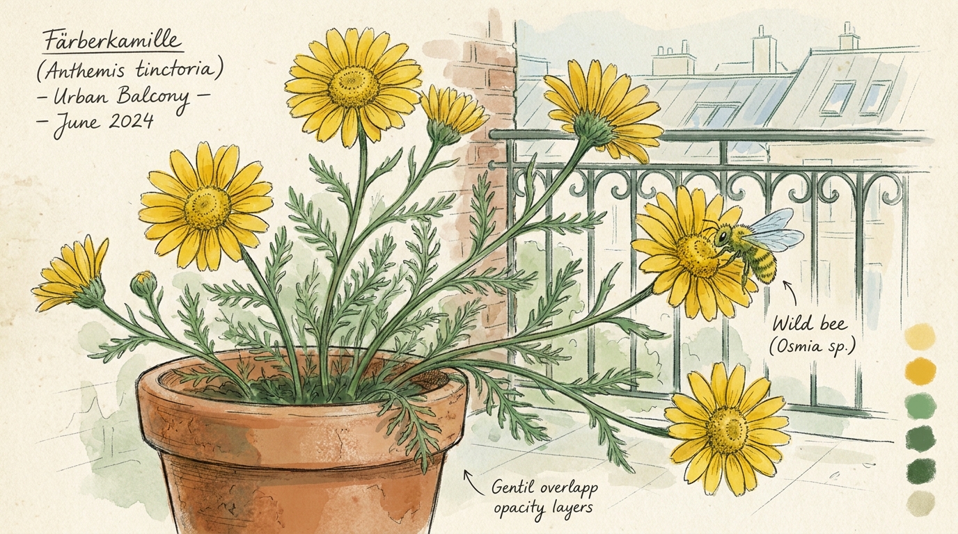 'Färberkamille' ('Anthemis tinctoria') — Illustration im Pflanzenatlas-Stil.