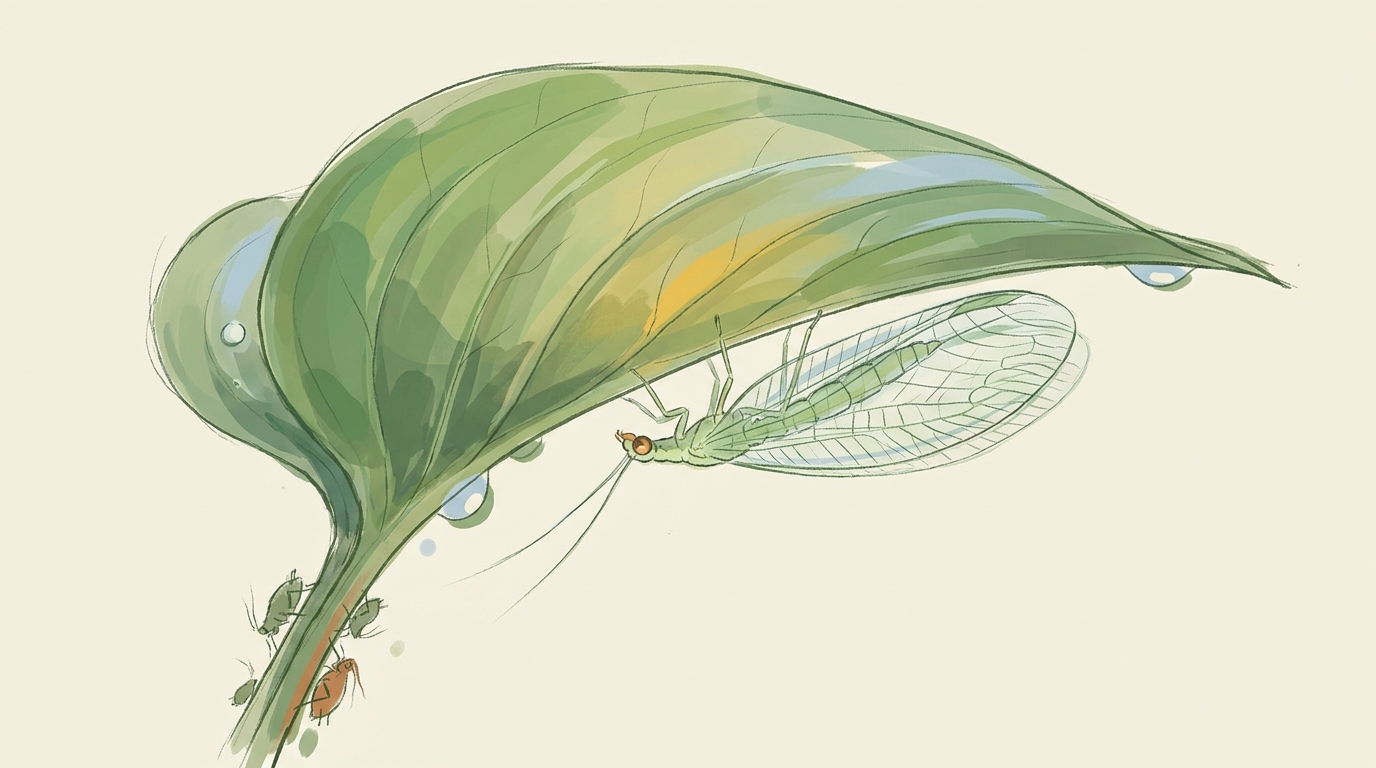 Gewöhnliche Florfliege (Chrysoperla carnea) mit hauchzart-transparenten, grün-geäderten Flügeln und kupferfarbenen Augen an der Unterseite eines großen Blattes im Morgentau.
