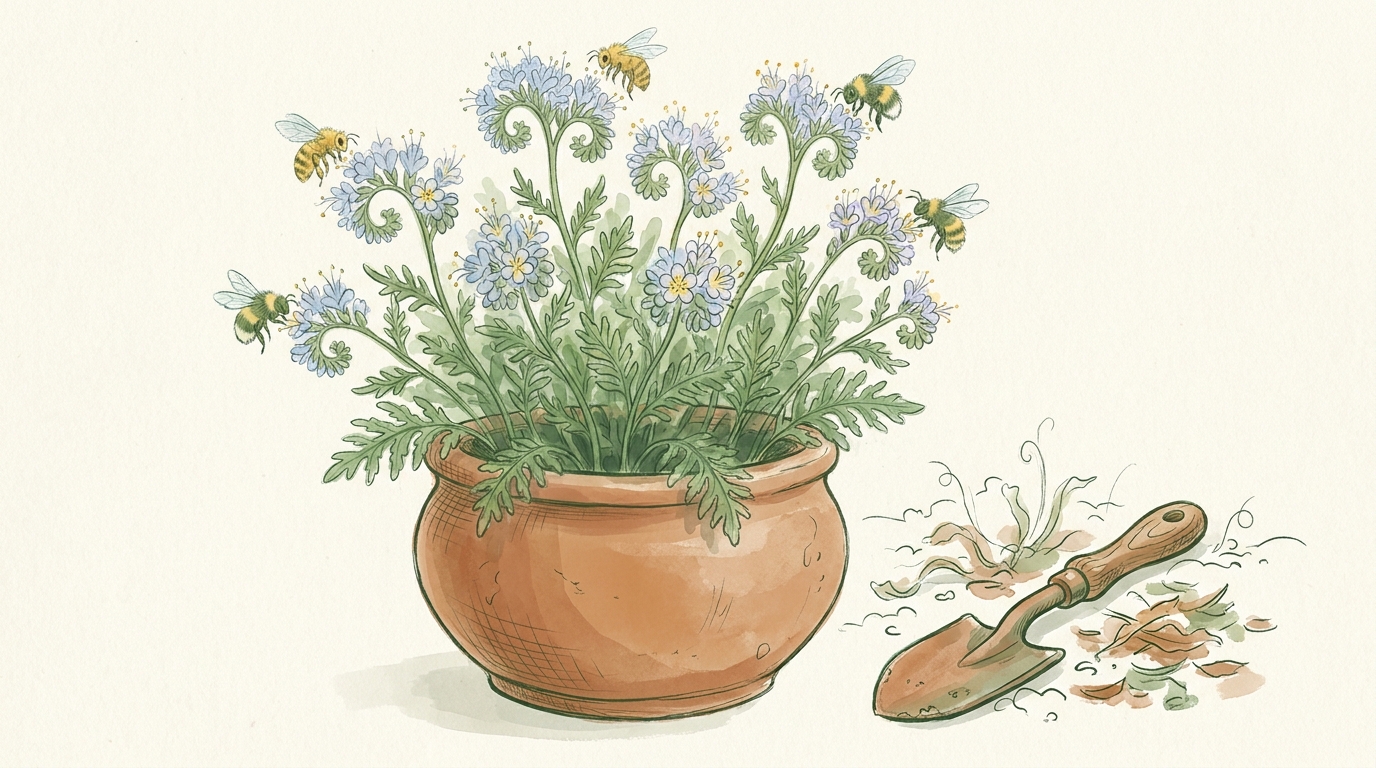 Großer Terrakotta-Topf mit dicht blühender Phacelia — zarte violette Blütenwickel, Hummeln und Honigbienen sammeln, daneben ein kleiner Spaten.