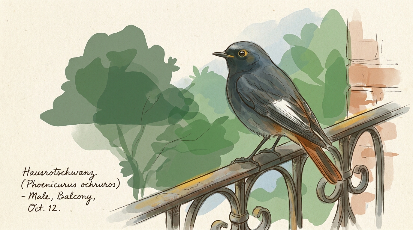 Hausrotschwanz (Phoenicurus ochruros) — Illustration im Pflanzenatlas-Stil.