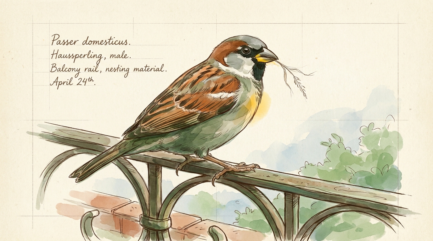 Haussperling (Passer domesticus) — Illustration im Pflanzenatlas-Stil.