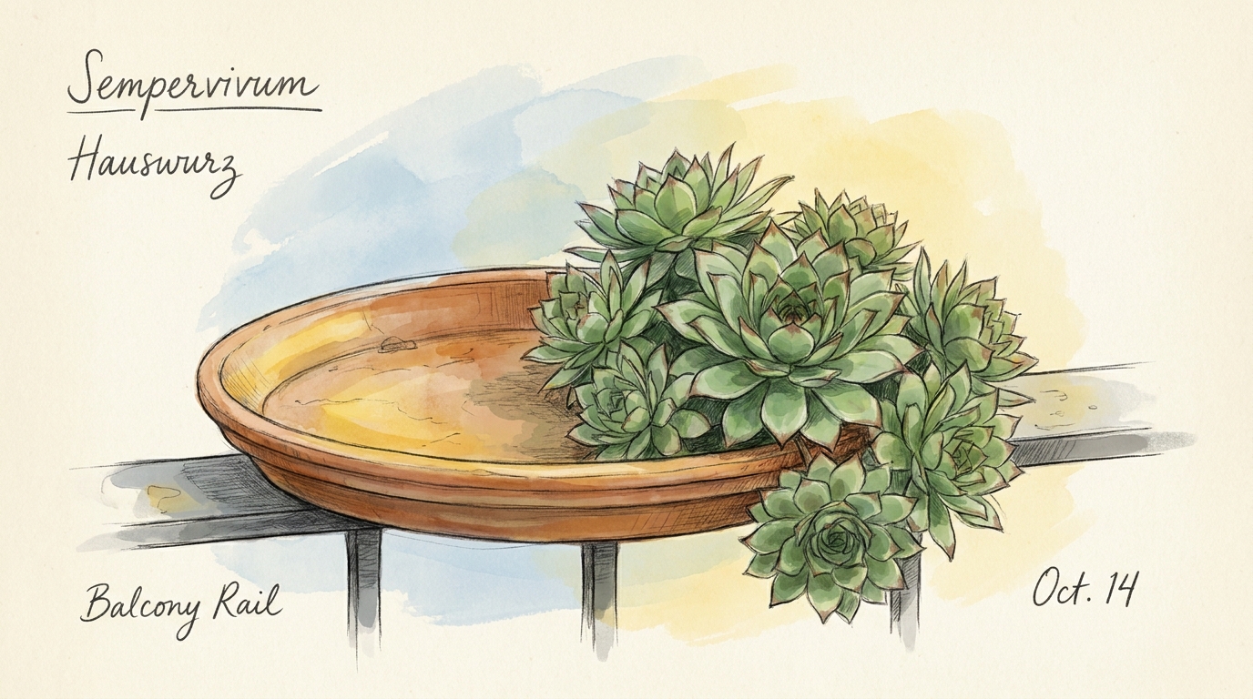 'Hauswurz / Dachwurz' ('Sempervivum tectorum') — Illustration im Pflanzenatlas-Stil.