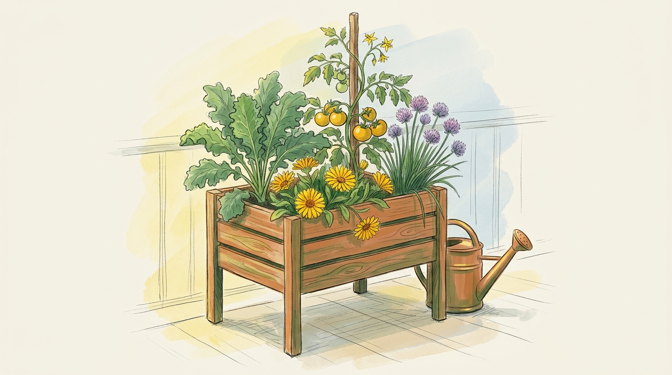 Kleines Balkon-Hochbeet auf Hüfthöhe aus geschlossenen Holzlatten, dicht bepflanzt mit Grünkohl, Tomaten an Stäben, überhängender Ringelblume und blühendem Schnittlauch.