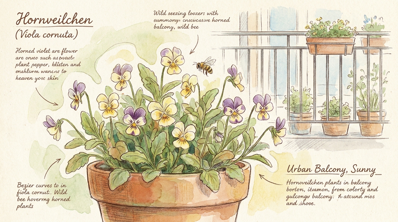 'Hornveilchen' ('Viola cornuta') — Illustration im Pflanzenatlas-Stil.