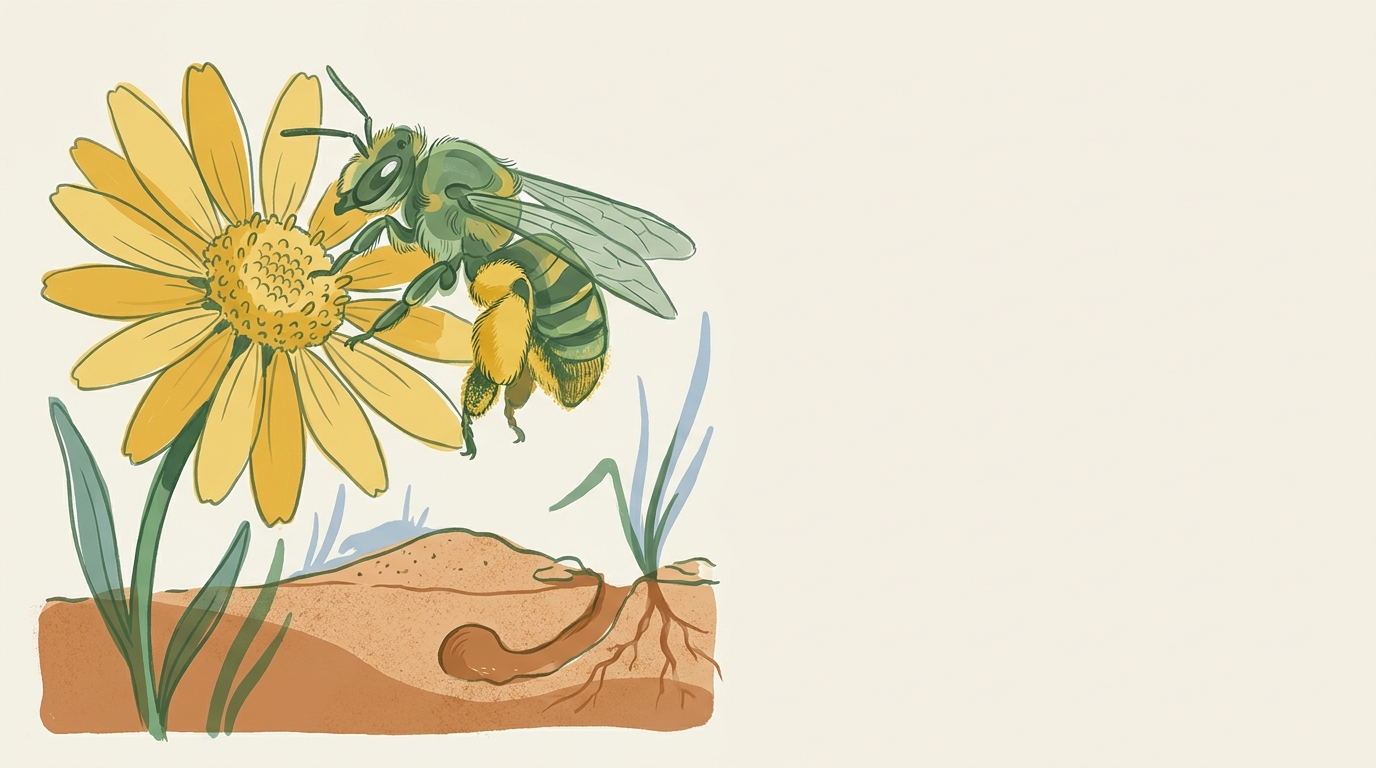 Weibliche Hosenbiene (Dasypoda hirtipes) mit auffällig dicht goldenen Pollenhosen an einer großen gelben Korbblüte, daneben ein Nistloch im sandigen Boden.