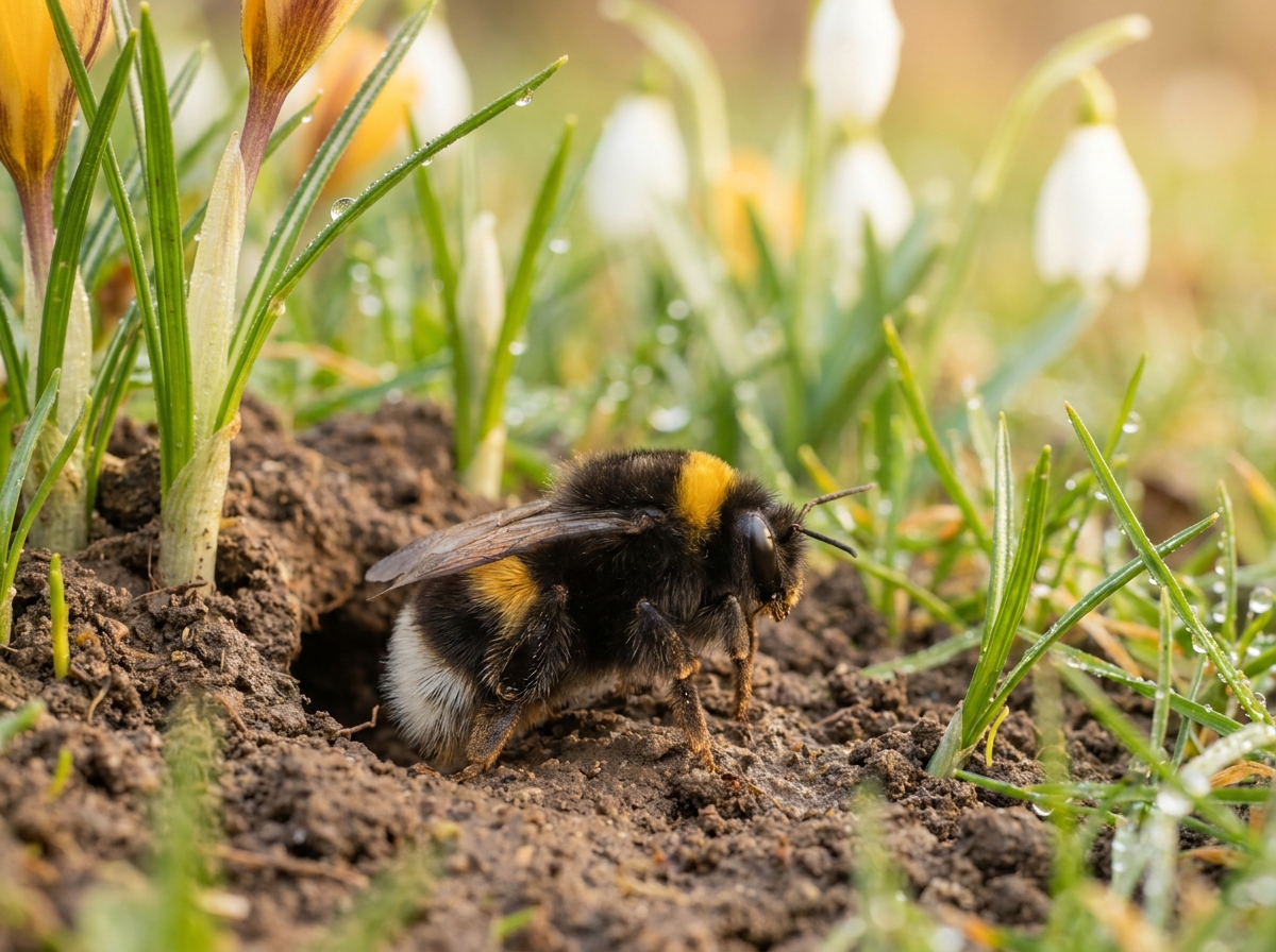 Hummel-Lebenszyklus — eine Königin verlässt im Frühjahr ihr Winterquartier und gründet ein neues Volk.