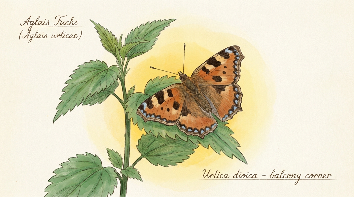 Kleiner Fuchs (Aglais urticae) — Illustration im Pflanzenatlas-Stil.