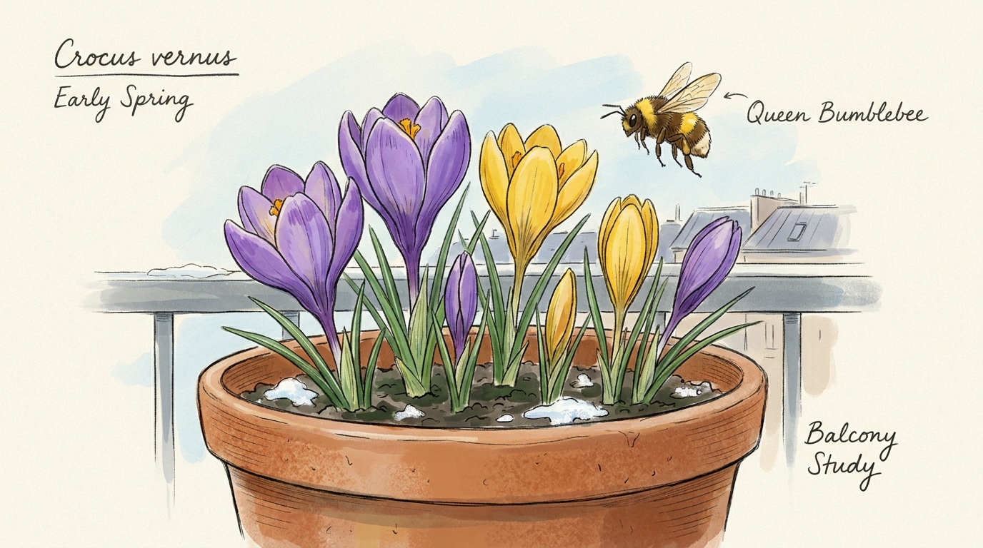 'Krokus' ('Crocus tommasinianus / Crocus vernus') — Illustration im Pflanzenatlas-Stil.