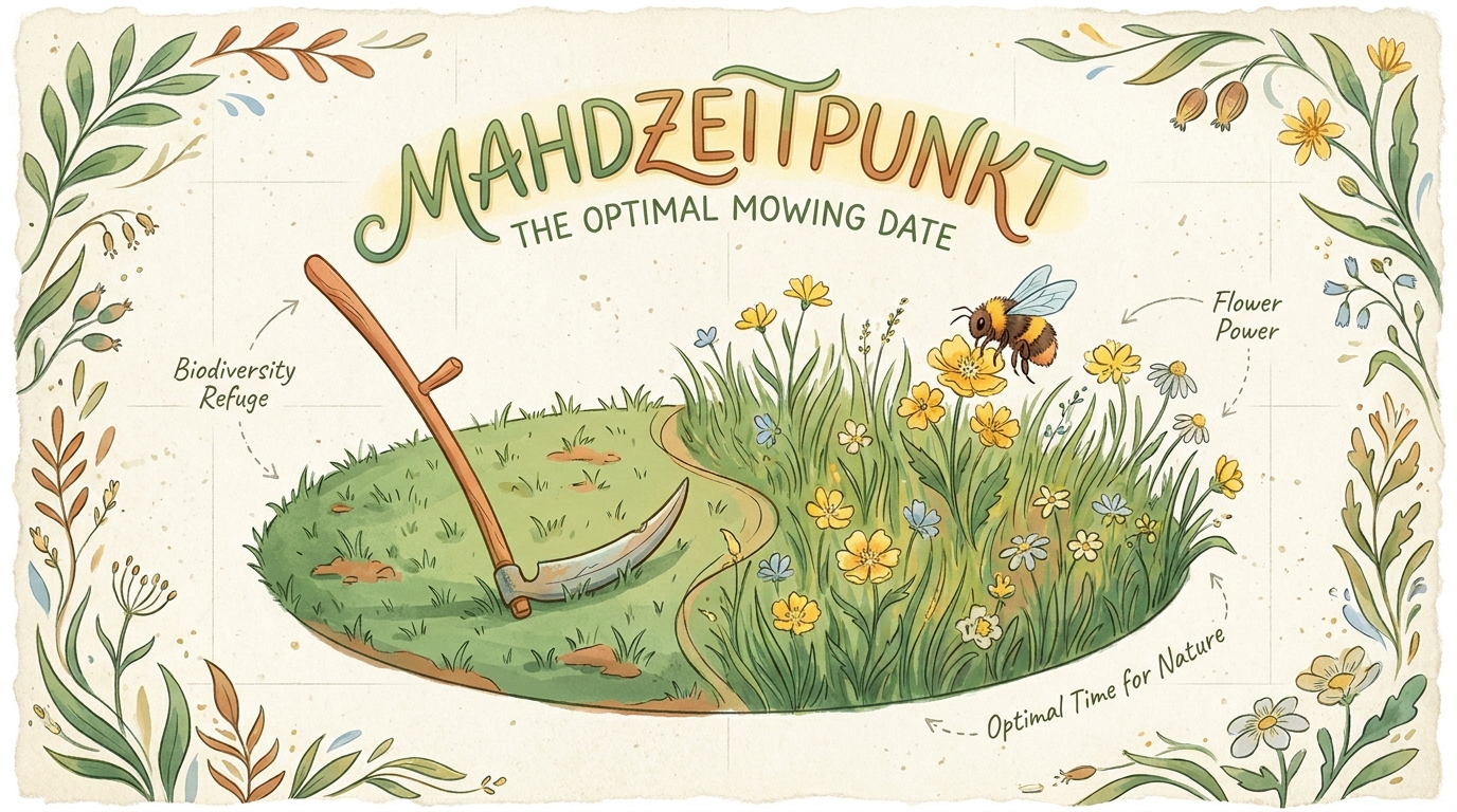 Mahdzeitpunkt — Balkon-Wiese mit gemähter und stehengebliebener Fläche, konzeptionelle Darstellung.
