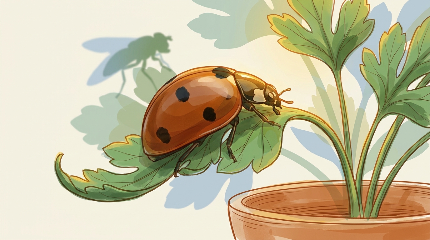 Siebenpunkt-Marienkäfer (Coccinella septempunctata) mit glänzend roten Deckflügeln und sieben schwarzen Punkten am Blattrand einer Petersilie im Tontopf, im Hintergrund eine Schwebfliege.