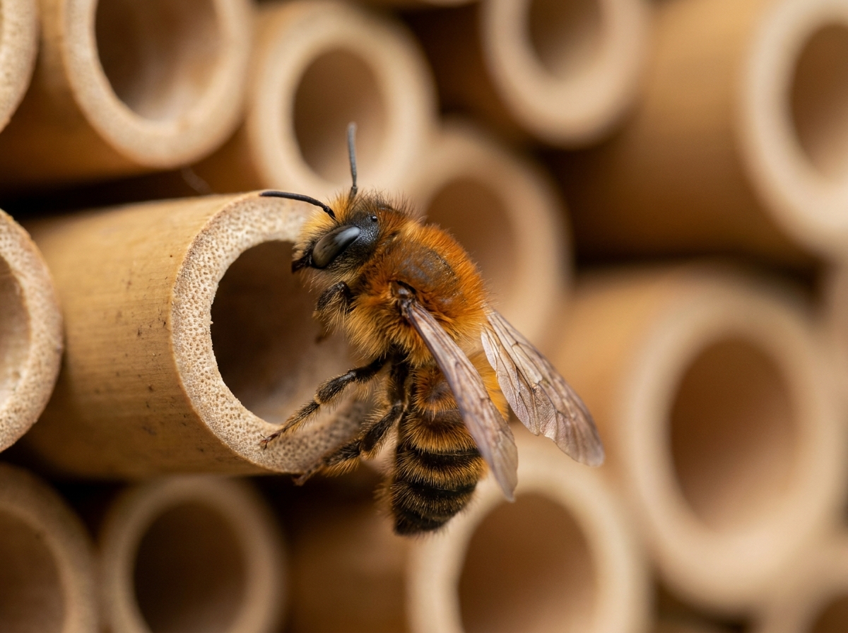 Mauerbiene (Osmia spp.) — eine rotbraune Wildbiene am Eingang einer Bambusröhre eines Insektenhotels.
