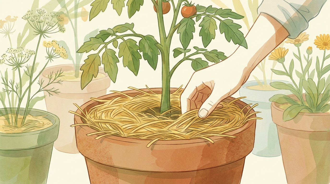 Hand verteilt eine Schicht trockenen Gras-Mulch um den Stamm einer Tomatenpflanze in einem großen Terrakotta-Topf, daneben weiche Wilde Möhre und Calendula.