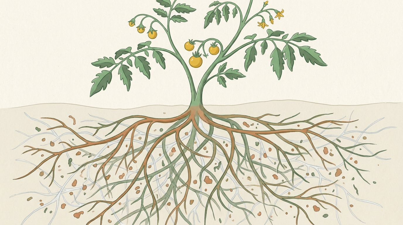Illustrierter Wurzel-Querschnitt — Tomatenpflanze oberirdisch angedeutet, darunter ein feines Geflecht aus Wurzeln und blassweißen Pilzfäden zwischen Bodenkrümeln.