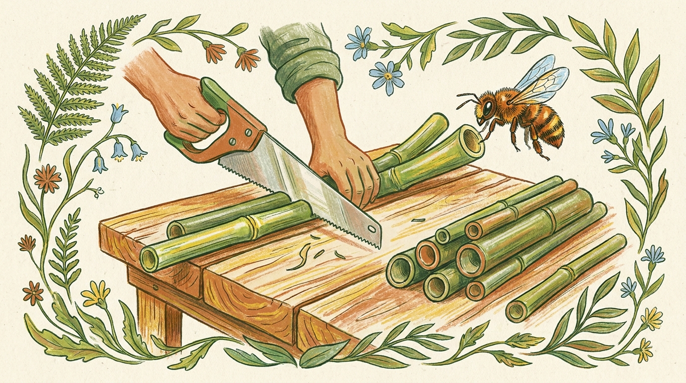 Niströhren aus Bambus an einer Balkonwand für Wildbienen.