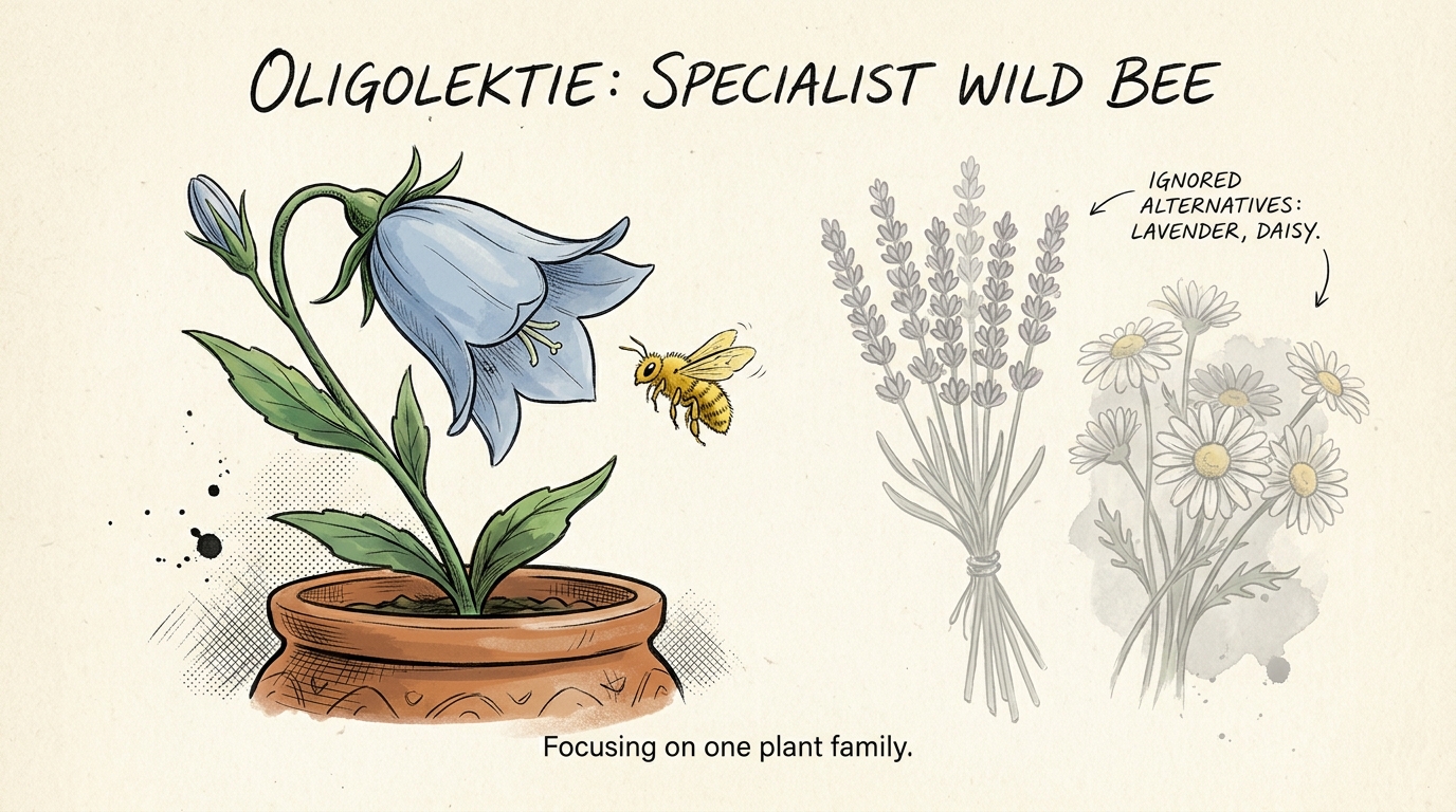 Oligolektische Wildbiene auf Glockenblume, alternative Blüten ausgegraut — konzeptionelle Darstellung.