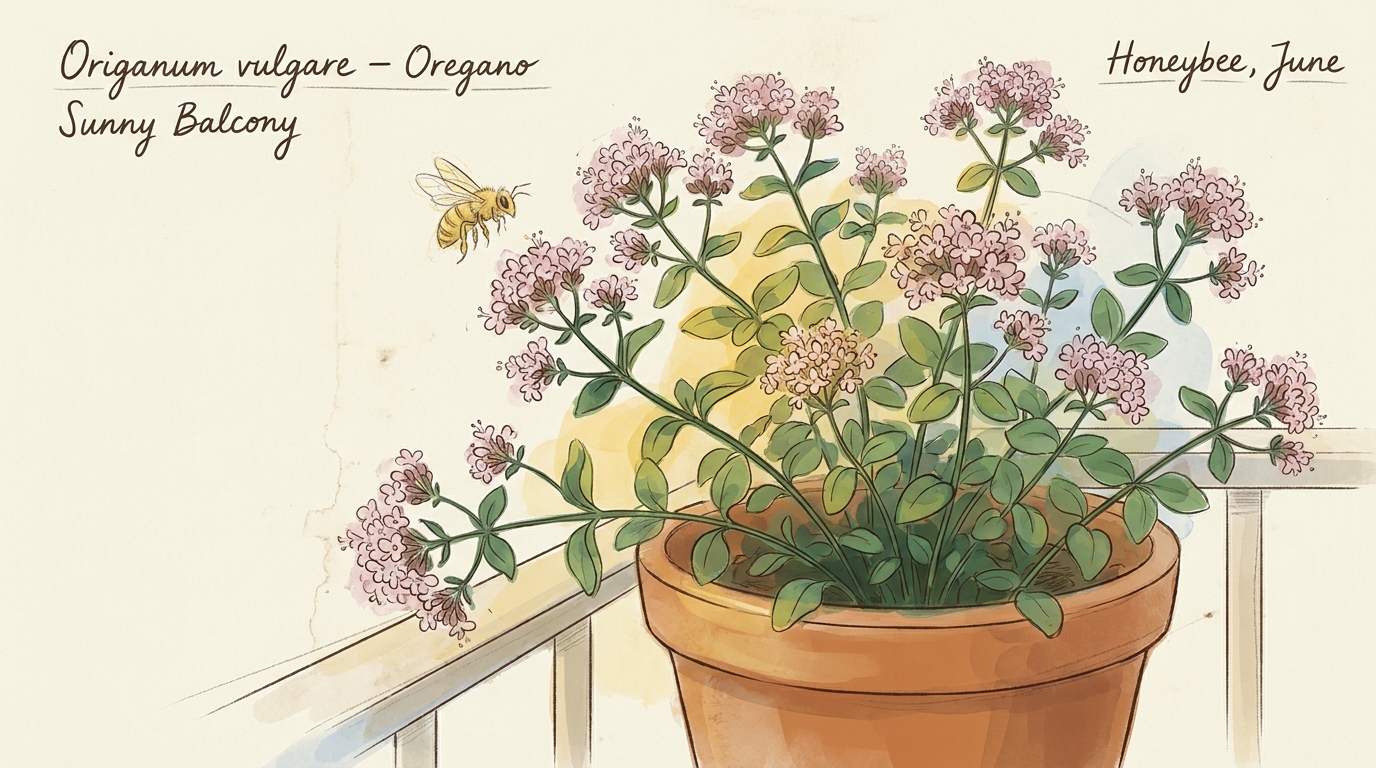 'Oregano' ('Origanum vulgare') — Illustration im Pflanzenatlas-Stil.