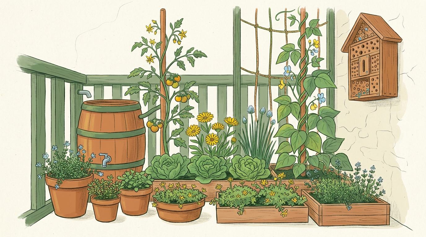 Permakultur-Balkon in Schichten: bodendeckender Sedum vorn, mittlere Reihe Salat und Ringelblume, hinten Tomatenstab und Stangenbohne am Spalier, Regentonne und Insektenhotel an der Wand.
