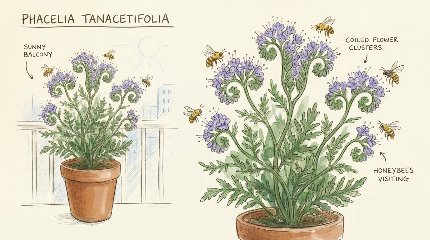 'Phacelia' ('Phacelia tanacetifolia') — Illustration im Pflanzenatlas-Stil.