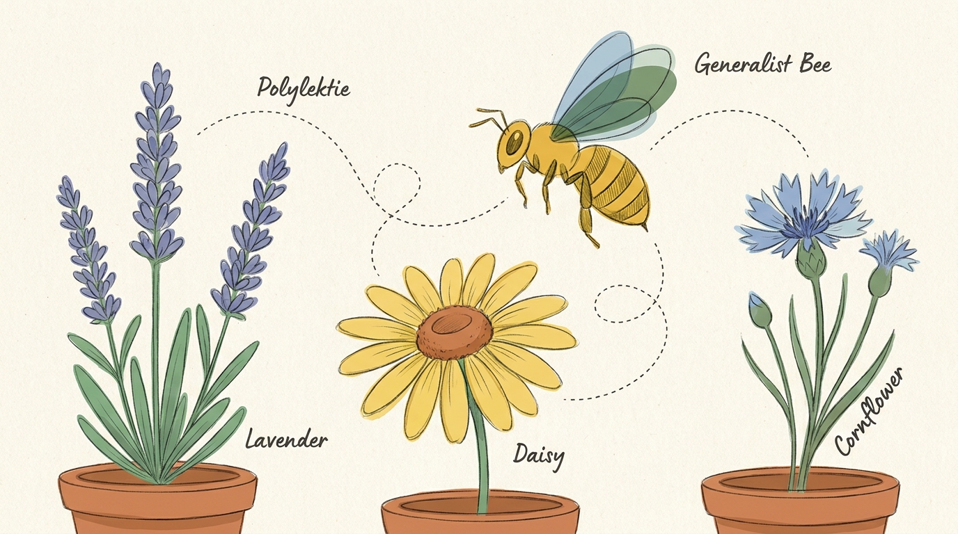 Polylektische Honigbiene zwischen Lavendel, Margerite und Kornblume — konzeptionelle Darstellung.