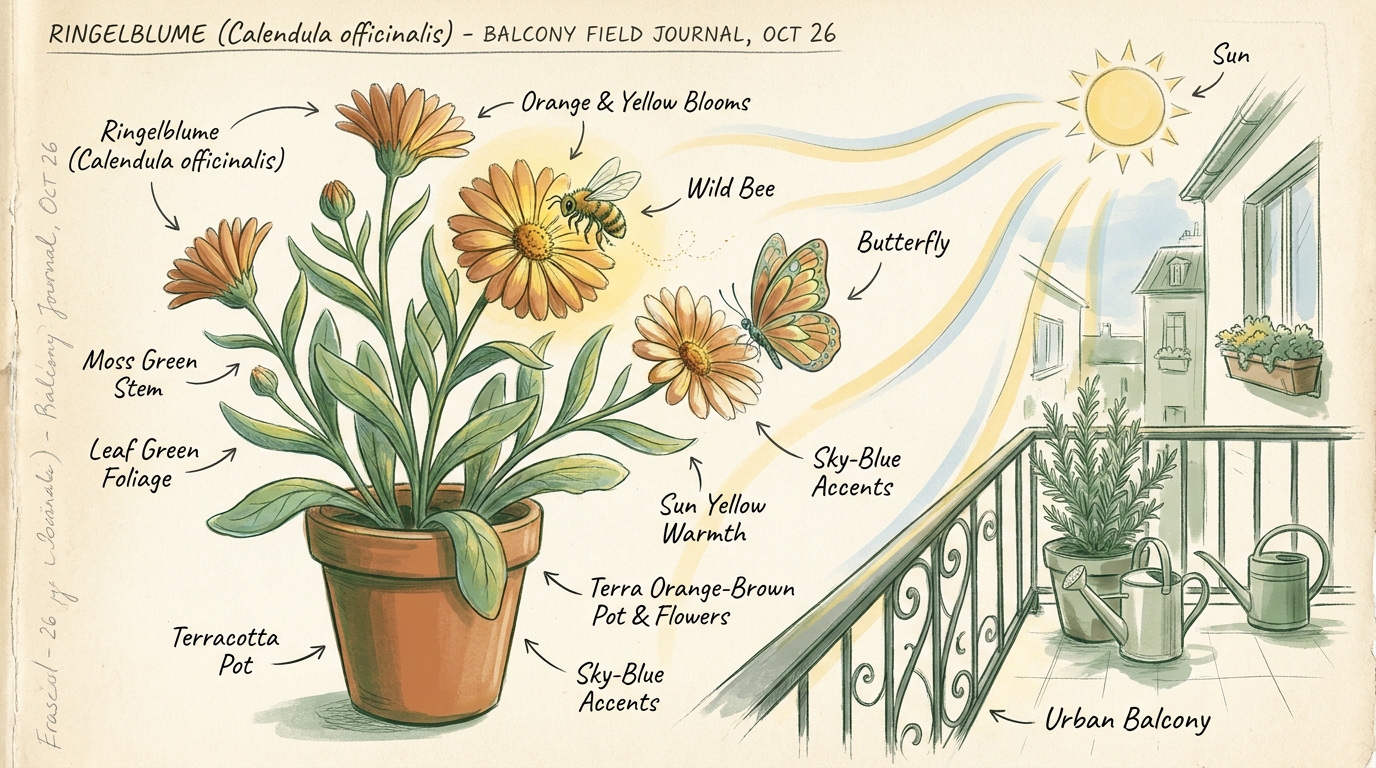 'Ringelblume' ('Calendula officinalis') — Illustration im Pflanzenatlas-Stil.