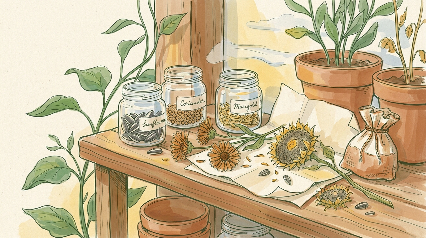 Stillleben des Saatgut-Sammelns auf einem Holzregal — kleine offene Gläser mit Sonnenblumenkernen, Korianderkörnern und Ringelblumen-Samen, getrocknete Blütenstände daneben.
