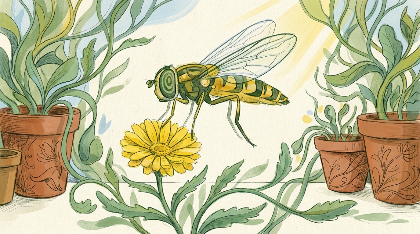 Hain-Schwebfliege (Episyrphus balteatus) mit gelb-schwarzer Wespenzeichnung schwebt regungslos über einer Ringelblume vor sommerlich-warmem Balkon-Hintergrund.