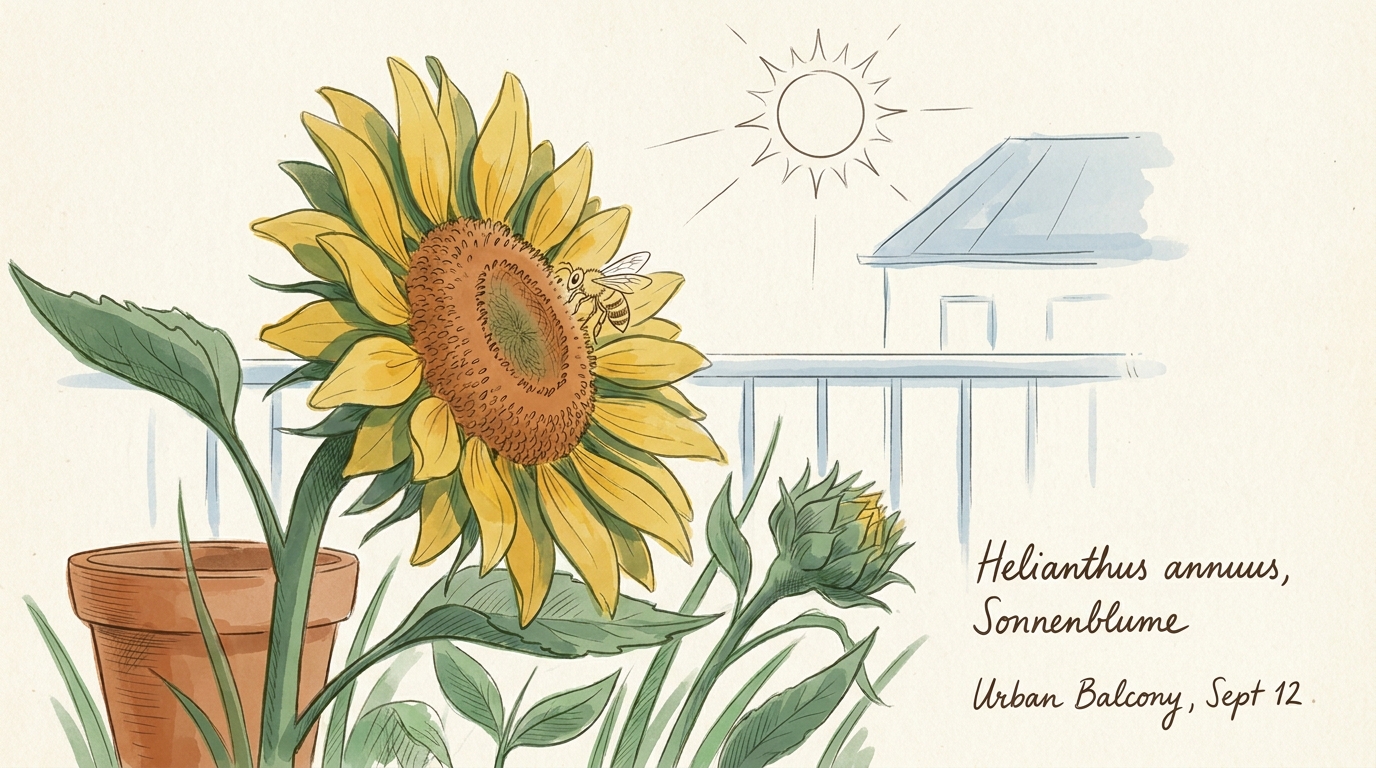 'Sonnenblume' ('Helianthus annuus') — Illustration im Pflanzenatlas-Stil.