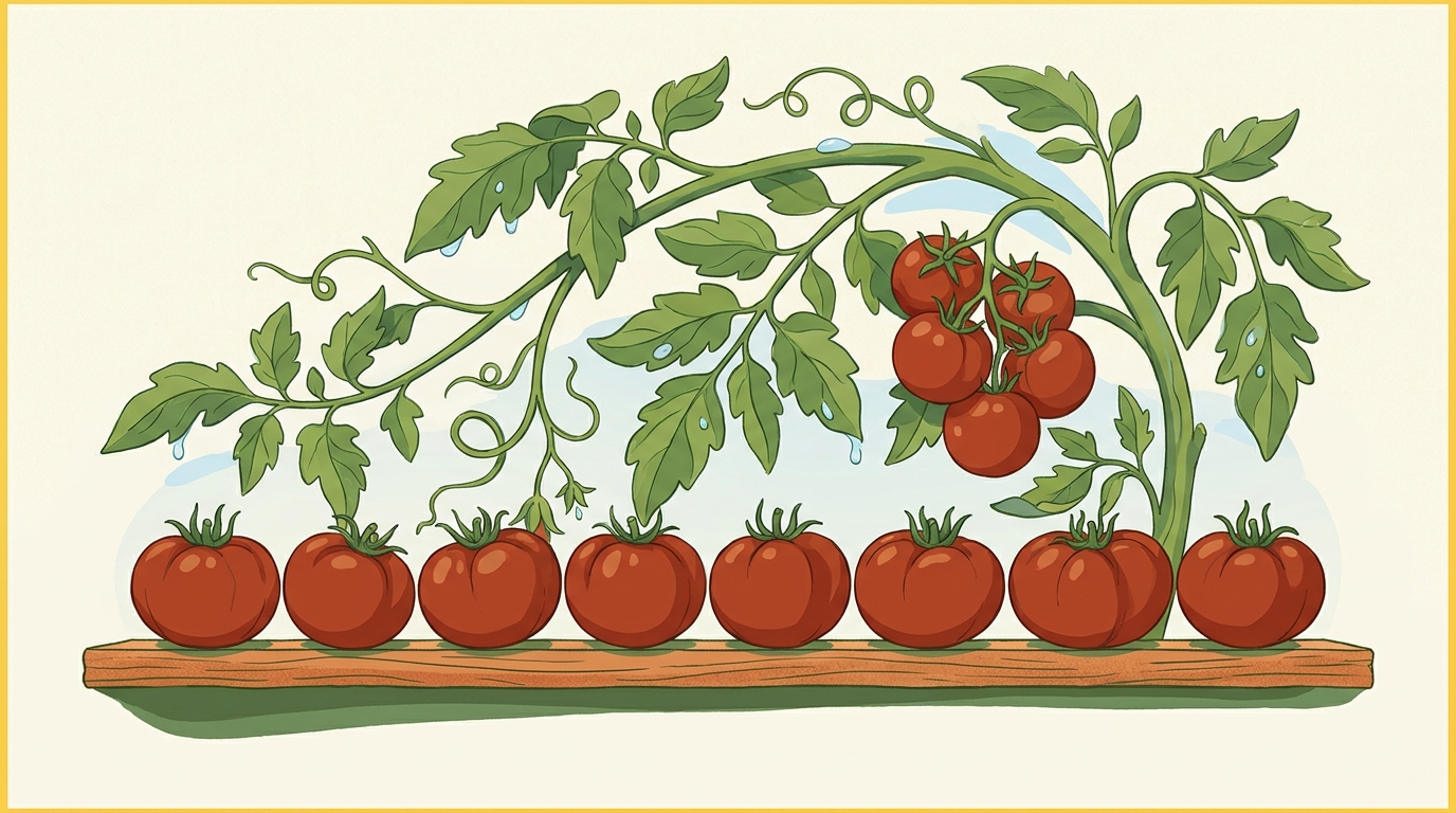 Reihe identischer 'Rote Murmel'-Tomaten in gleichmäßigem Tiefrot auf einem schmalen Holzbrett — Sinnbild für sortenechte Vermehrung, dahinter die Mutterpflanze mit reifer Rispe.