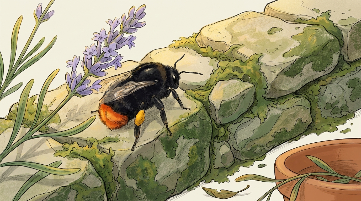 Steinhummel (Bombus lapidarius) mit tiefschwarzem Körper und leuchtend orangerotem Hinterleibsende auf einem Natursteinmauer-Rand, daneben eine Lavendelähre und Terrakotta-Topfrand.