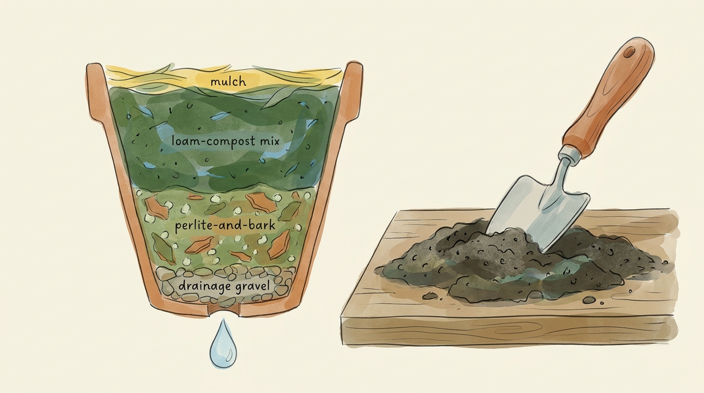 Querschnitt eines Balkonkübels mit geschichtetem Substrat — Mulchschicht oben, dunkles Kompost-Lehm-Gemisch, Perlit-Rinden-Mittellage und Drainagekies am Boden des Terrakotta-Topfes.