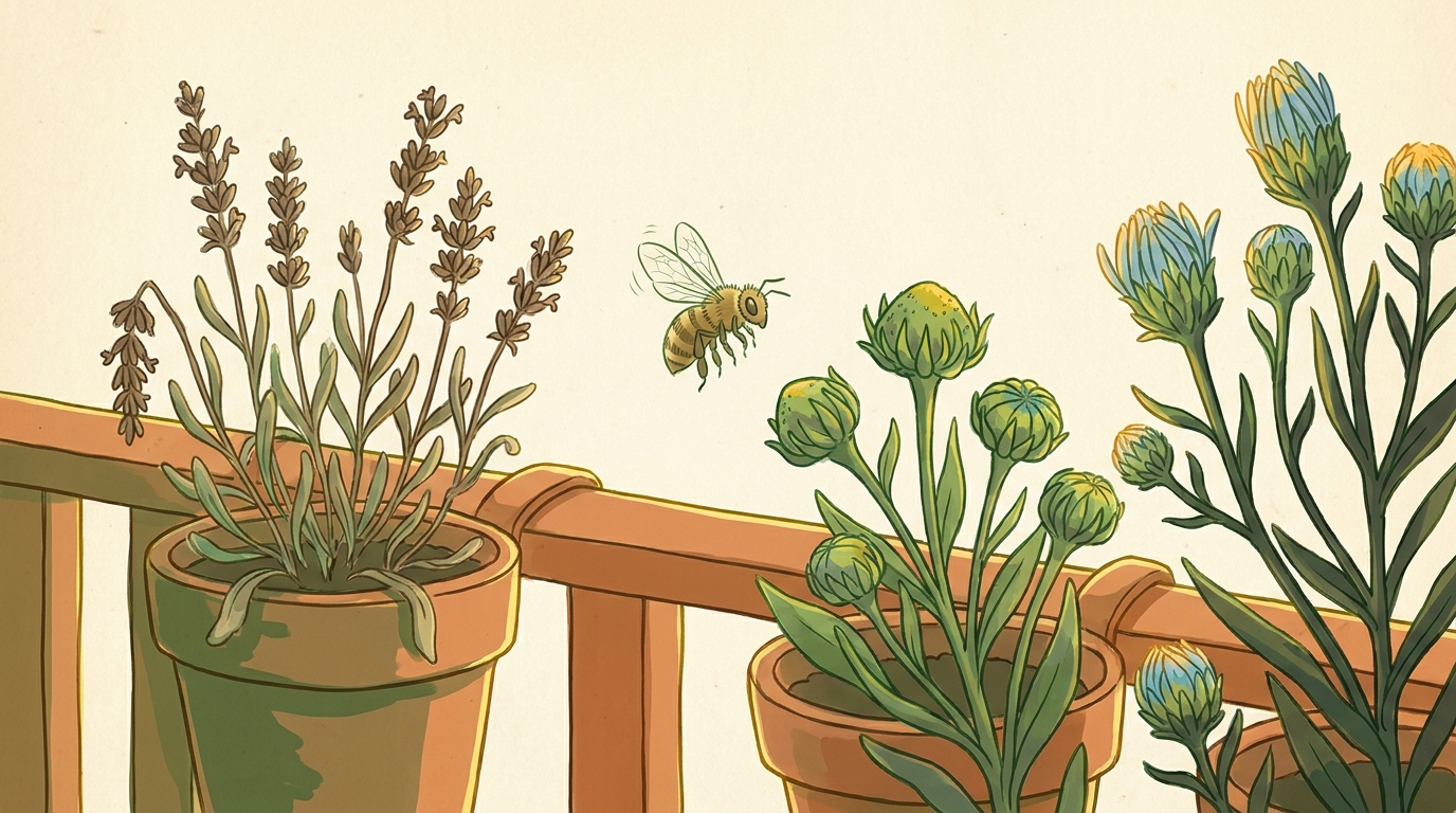 Spätsommer-Trachtlücke auf einem Balkon: verblühter Lavendel, noch geschlossene Astern-Knospen, eine ratlose Honigbiene schwebt zwischen welker Blüte und Knospe.