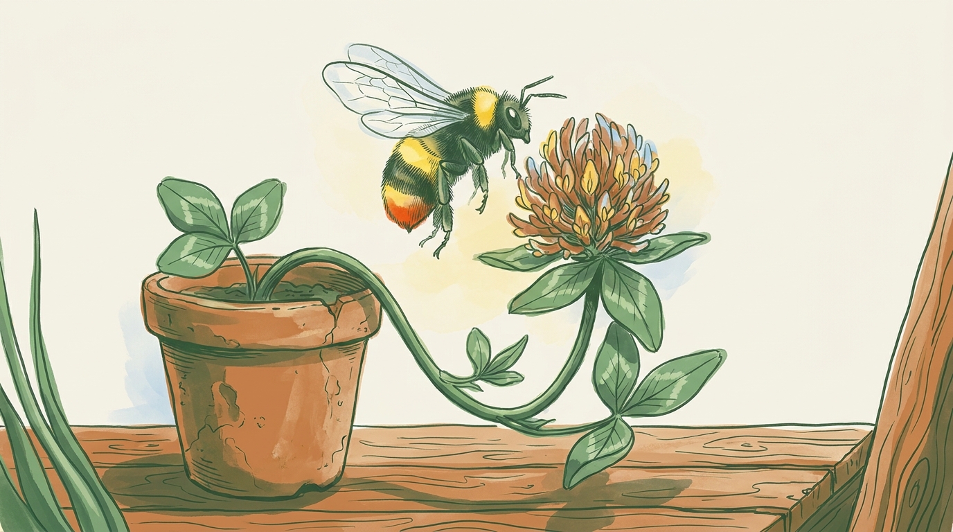 Wiesenhummel (Bombus pratorum) — klein, mit gelbem Halsband, schwarzem Thoraxband, zitronengelbem Hinterleibsband und leuchtend orangeroter Schwanzspitze an einer Rotklee-Blüte.