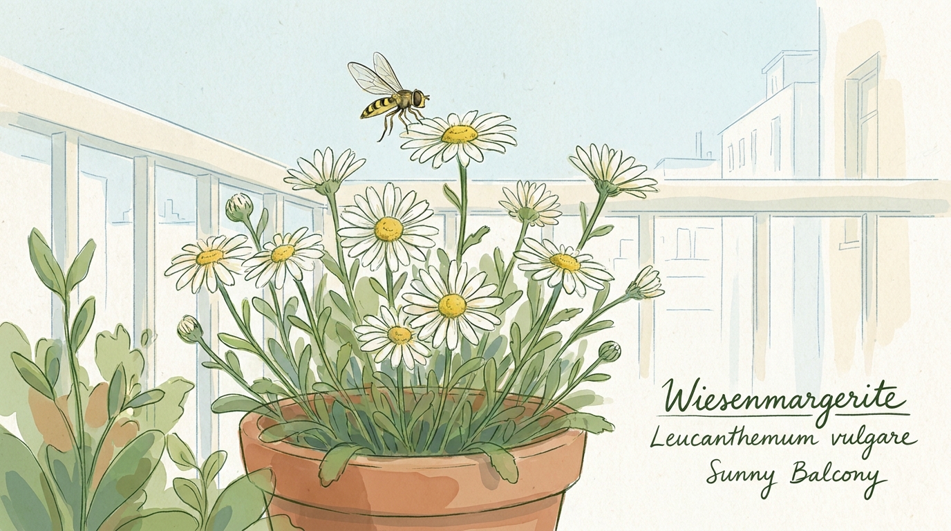 'Wiesenmargerite' ('Leucanthemum vulgare') — Illustration im Pflanzenatlas-Stil.