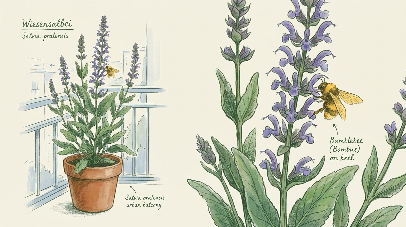 'Wiesensalbei' ('Salvia pratensis') — Illustration im Pflanzenatlas-Stil.
