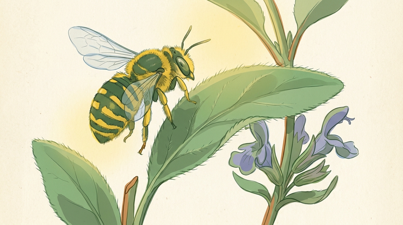 Männliche Garten-Wollbiene (Anthidium manicatum) mit gelb-schwarz gestreiftem Hinterleib patrouilliert über einem flauschigen Wolligen Ziest, im Hintergrund eine Salbeiblüte.